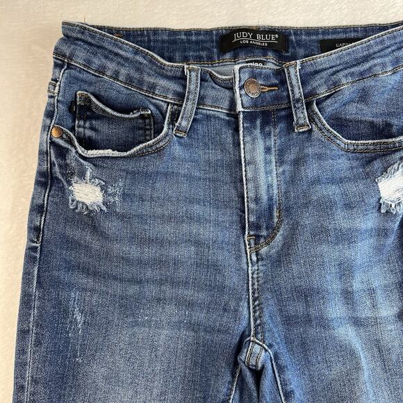 Judy Blue 7 / 28 Mid Rise Cuffed Hem Capri Jeans Distressed Stretch Denim Blue - Picture 5 of 16